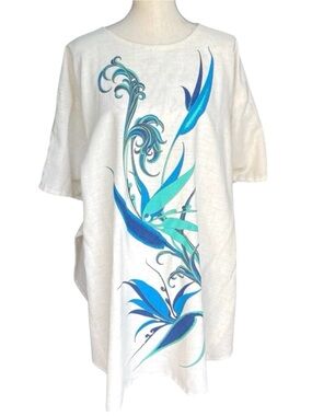 Vintage Shaheen Hand Painted Off White Linen Kaftan Tunic Top Dress (O/S)